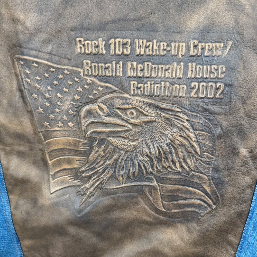 Vintage Denim Jacket W/Leather Back Panel Rock 103 Ronald McDonald House - Picture 6 of 9